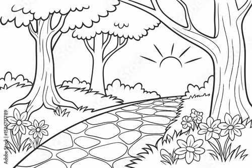 coloring page of a simple stone path winding through a forest of big trees, leading towards a bright, sunny clearing in the distance, flowers line the path, bold outlines, easy to color for children