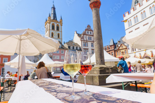 City of Trier - wine festival, wine glasses with German wine at the market square.