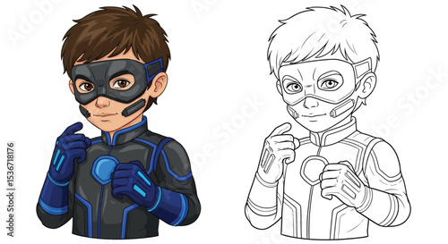 Child with Tech Mask and Gloves Superhero Suit Coloring Page Outline Tech Fun