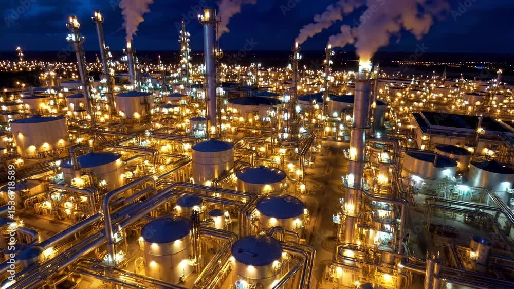 Illuminated oil refinery processing fuel at night, showcasing smoking chimneys and a complex network of pipes and tanks, creating a striking industrial landscape from above