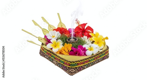 Balinese offering basket with flowers and incense, isolated on white background. Generative AI