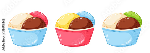 Colorful set of cartoon ice cream scoop in cup with different flavor chocolate, vanilla, strawberry, mango, blueberry and pistachio isolated on white background.
