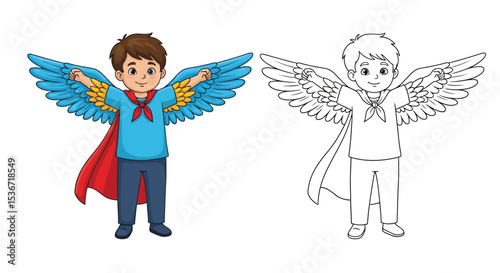 Child with Wings and Cape Superhero Pose Coloring Page Flying Hero Adventure