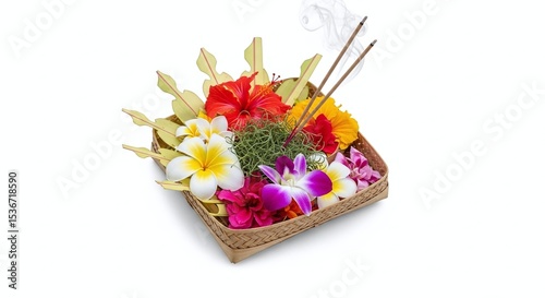 Balinese offering basket with flowers and incense, isolated on white background. Generative AI