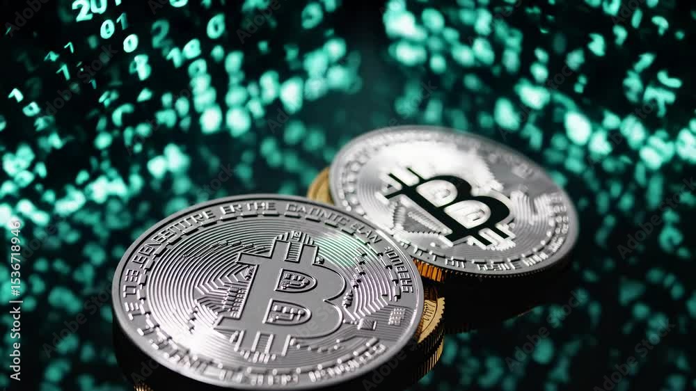Two shiny silver and gold bitcoin cryptocurrency coins rest on a reflective black surface with glowing green computer code numbers floating in the background