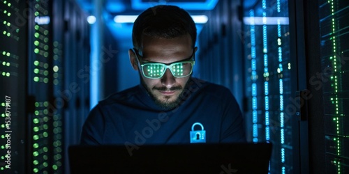 Technician working on cybersecurity in a data center environment during nighttime with glowing server racks