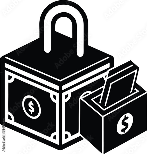 Savings and budget planner vector Silhouette illustration Money Box with Lock and Budget Notes