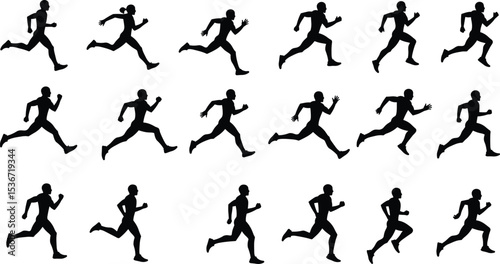Running man silhouette vector set, multiple sprint poses, motion action sequence for animation, fitness design, sport and training illustration