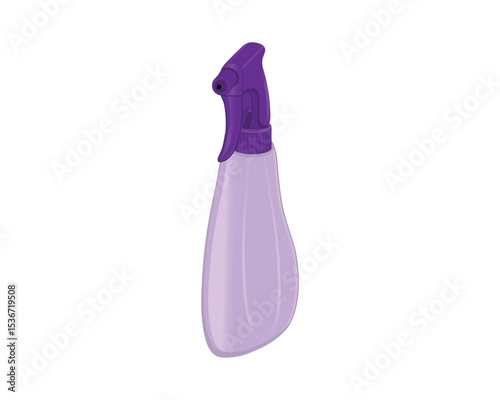 Vector design of a purple spray bottle containing liquid water or cleaning fluid which is usually sprayed on a surface to be cleaned.