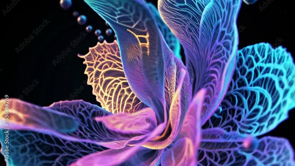 Bioluminescent flower with glowing petals blooming in the dark, surrounded by floating bubbles, creates a magical and otherworldly atmosphere
