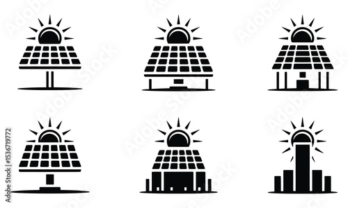 Six unique solar panel icons set for energy
