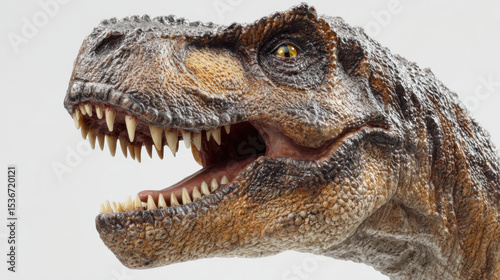 Extreme closeup of T Rex dinosaur figurine showcasing sharp teeth and detailed texture, evoking sense of prehistoric power and ferocity