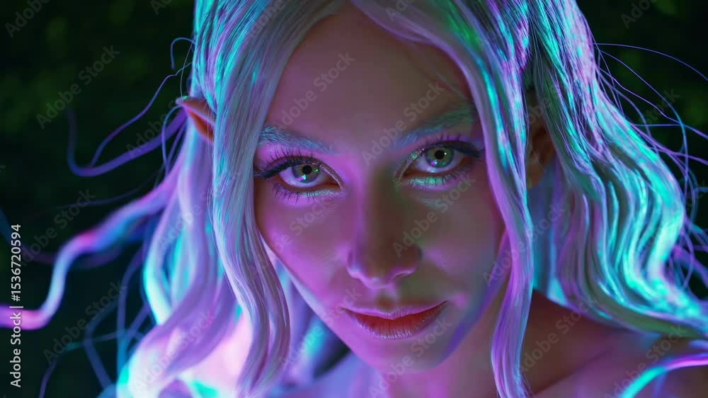 Neon light swirling around a mysterious elf woman with pointy ears and radiant hair, enhancing a magical, futuristic atmosphere filled with enchanting beauty and style