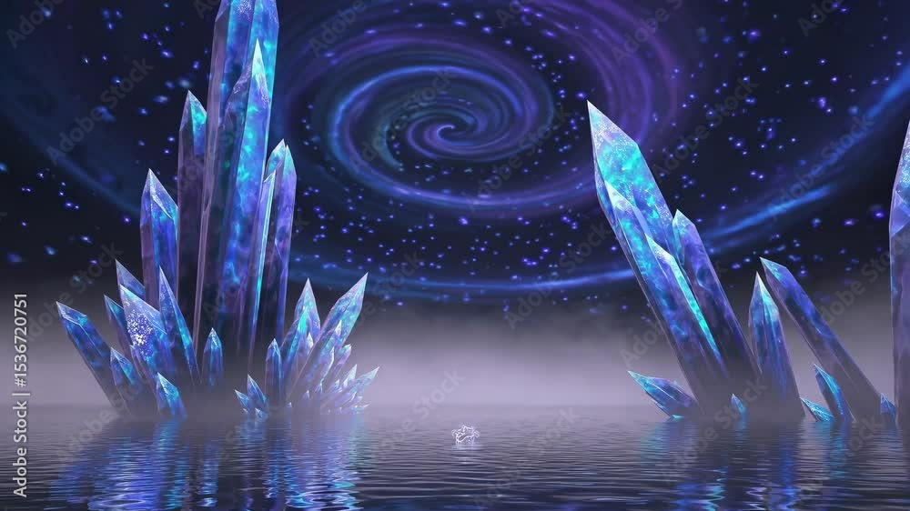 Clusters of glowing blue crystals rise from misty water under a swirling purple galaxy night sky, creating a magical and otherworldly scene