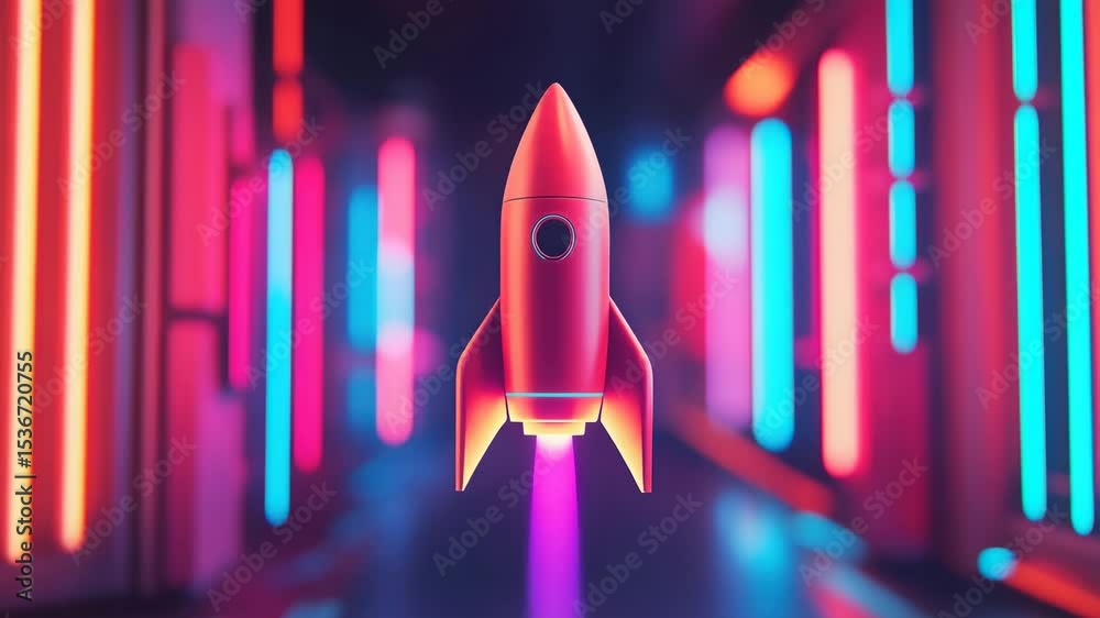 Vibrant red rocket spaceship with glowing thrusters flying through futuristic neon space corridor, showcasing advanced flight technology and dynamic vibrant neon energy