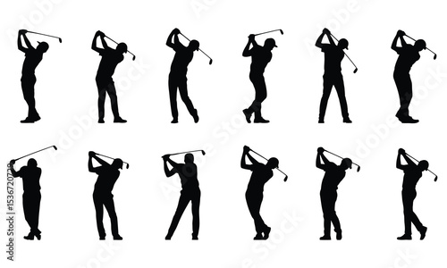 Twelve silhouettes of golfers swinging