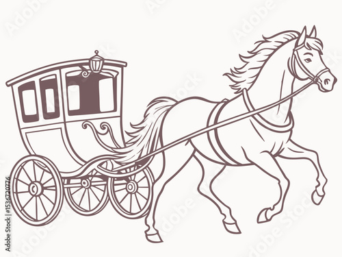 Vintage-style illustration of a horse pulling a carriage in sepia tones isolated on a white background
