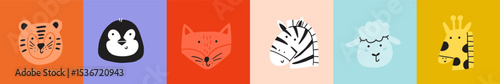 Animal cute face collection. Kawaii character animal head print set. Cartoon vector illustration