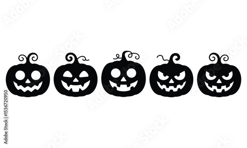 Five halloween jack olantern faces in a row
