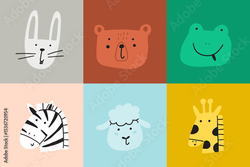 Animal cute face nursery set. Kawaii character animal head print set. Cartoon vector illustration