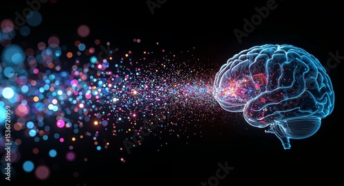 A stylized brain with colorful particles flowing into it on a black background illustration art