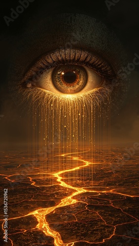 A surreal eye with golden tears flowing onto a cracked, lava-like surface in dark atmosphere