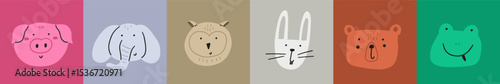 Animal cute face set. Kawaii character animal head print set. Cartoon vector illustration