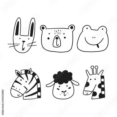 Animal cute line doodle nursery face. Baby head cartoon animal icon set. Vector hand drawn illustration