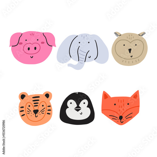 Cartoon cute animal bright face. Safari kid jungle head character animal collection. Hand drawn vector illustration