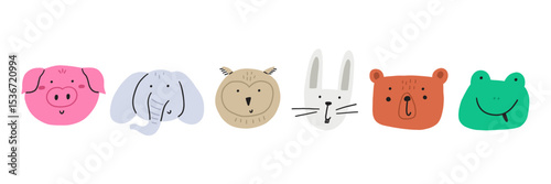 Cartoon cute animal funky face set. Safari kid jungle head character animal collection. Hand drawn vector illustration