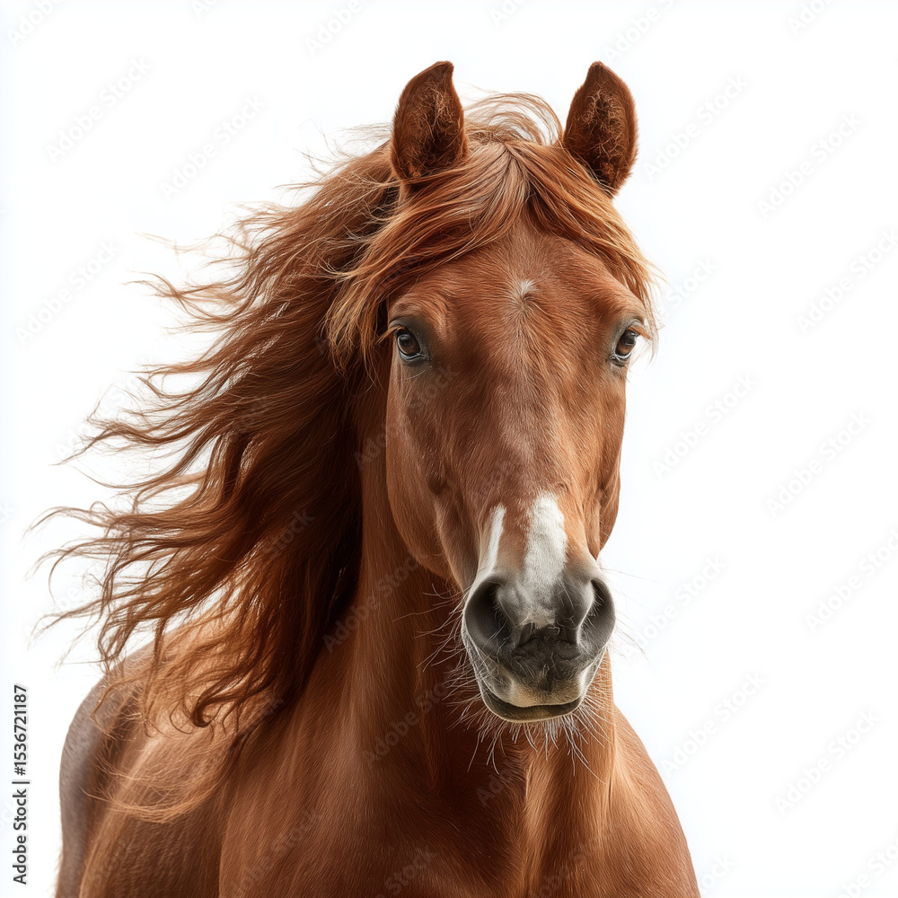Obraz premium A beautiful chestnut mare with a flowing mane isolated on a white background