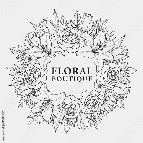 Floral Boutique- Elegant Monochrome Vector Wreath with Roses, Lilies, and Tulips