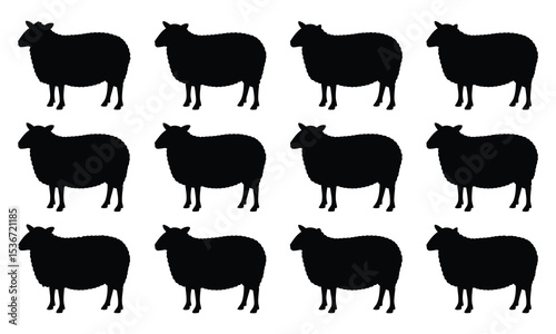 Twelve black sheep silhouettes on white background
