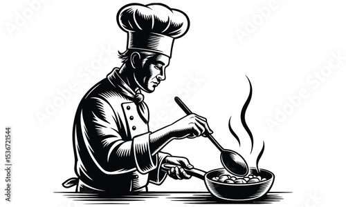Chef in toque preparing food in a pan
