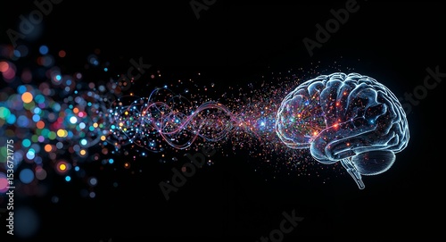 Illustration of a brain with colorful lights and connections on a black background digital art