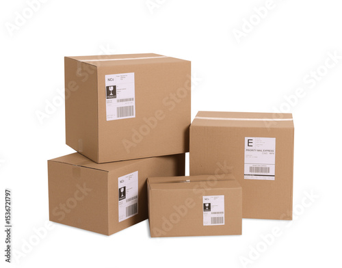 Many parcels with shipment labels isolated on white