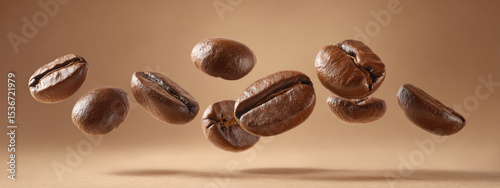 Floating coffee beans create captivating visual, showcasing their rich texture and deep brown color against warm background