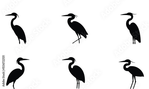 Six heron bird silhouettes in different poses