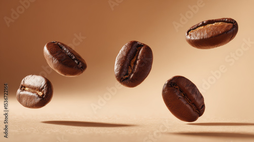 Floating coffee beans create captivating visual, showcasing their rich brown color and glossy texture against warm background