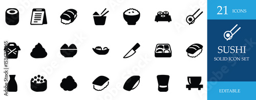 Sushi icon set with Japanese dishes like maki, sashimi, salmon, rice, wasabi, and soy sauce. Perfect for food, restaurant, and culinary projects in a minimalist vector style