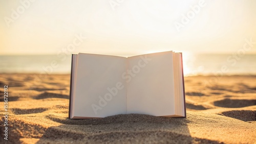 Open Book on Beach Sand at Sunset with Gentle Waves in Background
