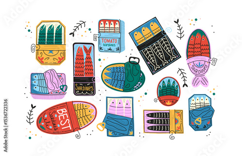 Cartoon Sardines Cans Set. Funny Doodle Fish Packaging Stickers Collection. Colorful Seafood Tin Labels. Doodle Sardine Cans Vector Set. Hand Drawn Colorful Fish Funny Sardine Tin Cans. Tuna, salmon, 