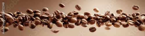 Floating coffee beans arranged in horizontal composition create dynamic visual effect, showcasing their rich texture and color