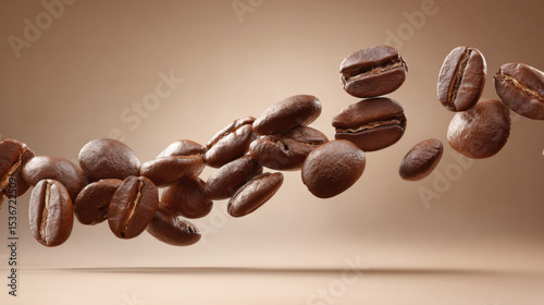 Floating coffee beans create dynamic and visually appealing composition, showcasing their rich texture and color