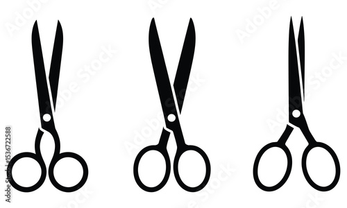 Three black silhouette scissors icons set