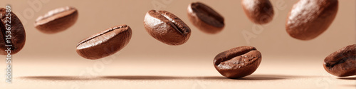 Floating coffee beans create captivating visual, showcasing their rich texture and color. arrangement highlights beauty of these natural products