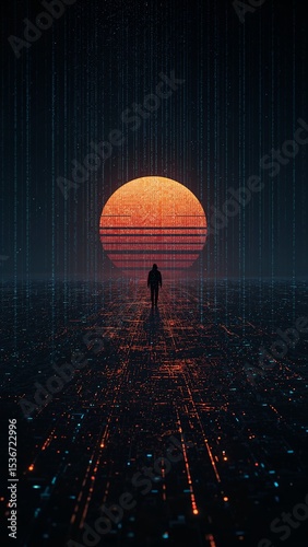 Silhouette of a person walking towards a large orange sun with a digital grid landscape below them