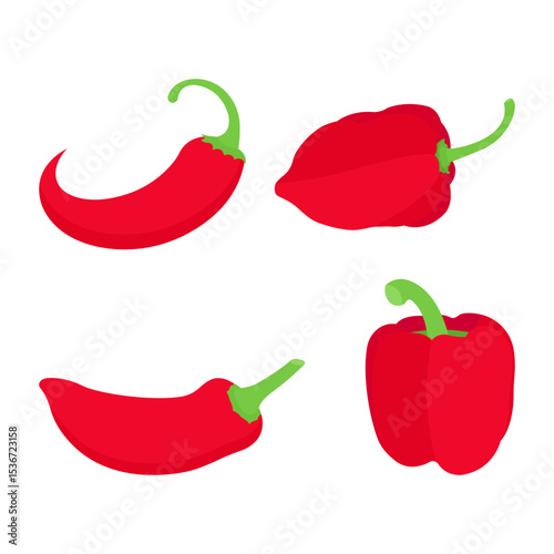 With Four Designs Red Color Pepper Vector Design Bundle. Pepper Habanero Jalapeno Bell Serrano. Vector Illustration