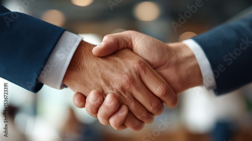 Close-up on a firm handshake between two business people, sealing a deal, with a blurred office background, cinematic lighting.
