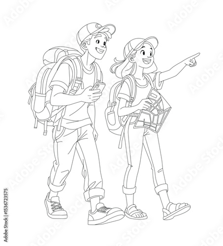 sketch of couple travelers with backpack and city map